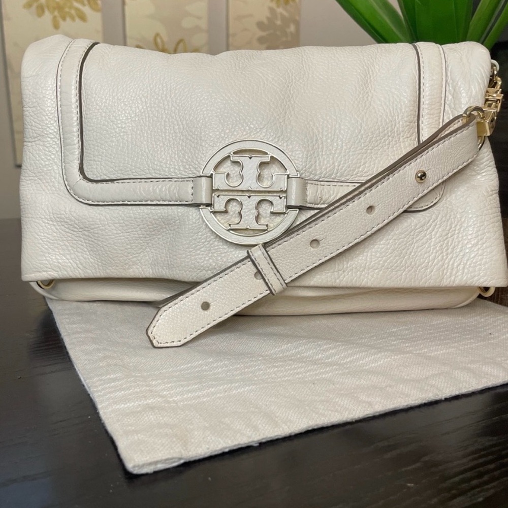 Authentic TORY BURCH White Leather Folding 3 Way Crossbody Shoulder Bag Purse